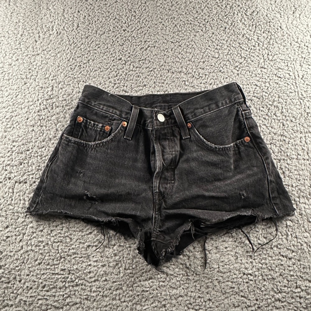 Levis 501 Cutoff Shorts Womens W25 Black Distressed Frayed Denim Hem Button Fly